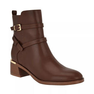 Brown ankle boot with a chunky block heel, featuring dual straps and a gold buckle detail.