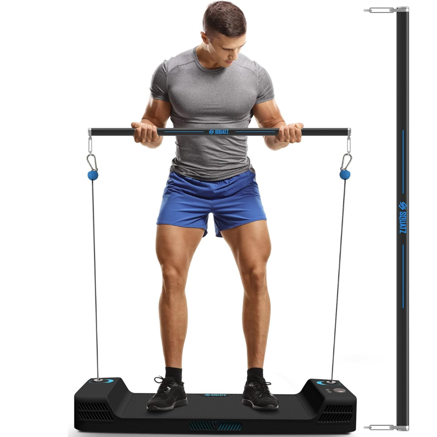 A man exercises with the Smart Cable Home Gym, featuring a compact resistance system with a bar connected to cables and a sleek floor unit for strength training. The gym appears to be used for exercises like bicep curls and other resistance movements.
