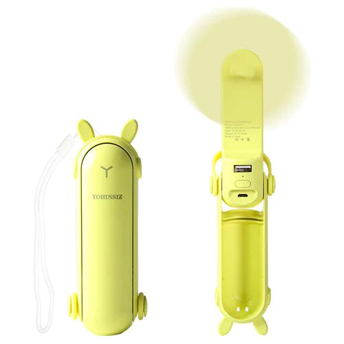 A yellow, rabbit-shaped portable fan with USB charging port, visible fan blade cover, and an extendable handle.