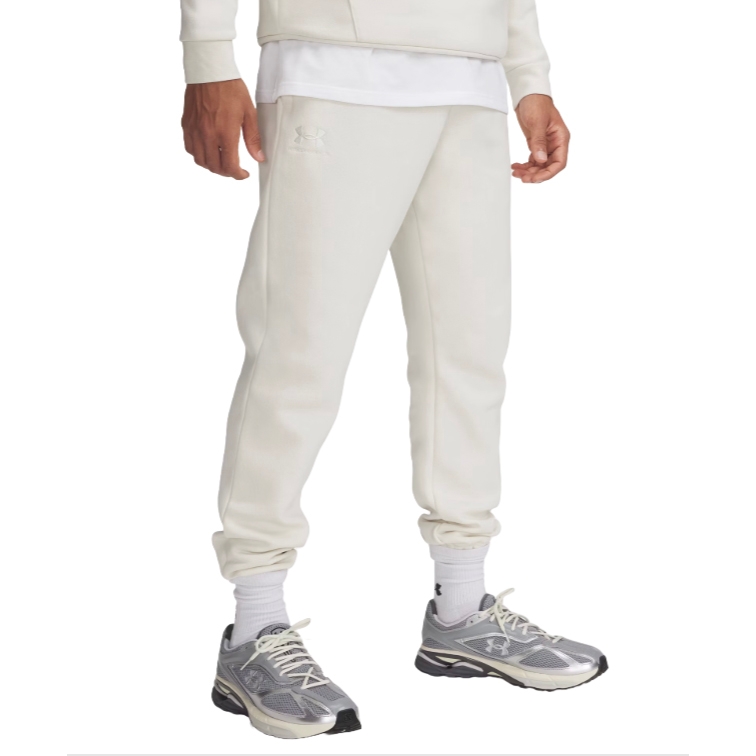 Menswear outfit featuring white joggers with subtle branding, white socks, and gray running shoes with white laces.