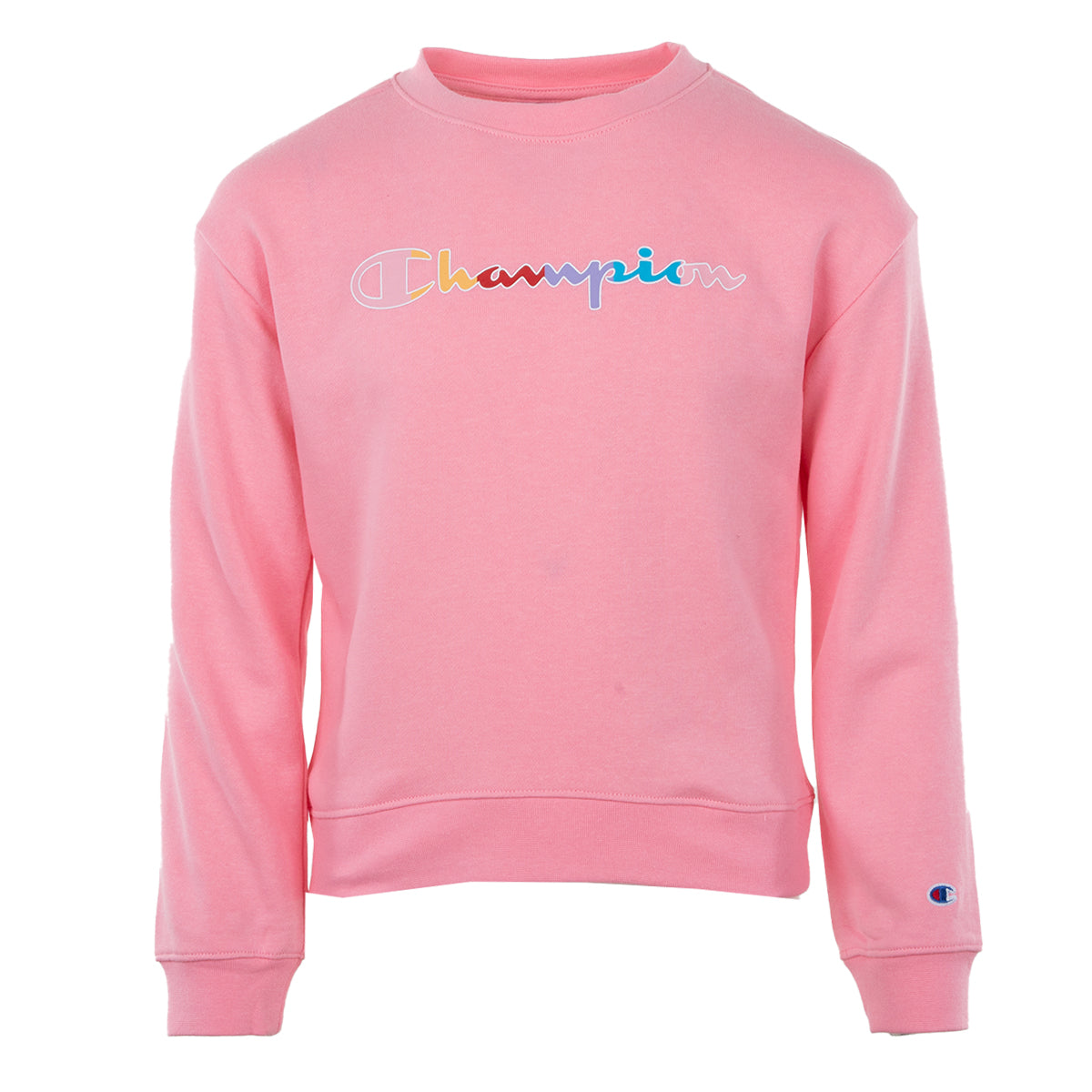 A pink crew neck sweatshirt with the word \“Champion\“ in multicolored script on the front, and a small Champion logo on the left sleeve cuff.