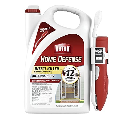 Ortho Home Defense Insect Killer for indoor and perimeter use with a reusable comfort wand, offering up to 12 months of protection against bugs, in a 1.33-gallon container.