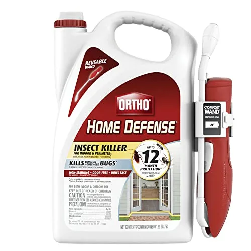 Ortho Home Defense Insect Killer for indoor and perimeter use with a reusable comfort wand, offering up to 12 months of protection against bugs, in a 1.33-gallon container.