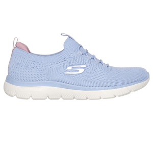 Light blue knit sneakers with a slip-on design, featuring a white logo on the side. They have a cushioned white sole and a pink pull tab at the heel.