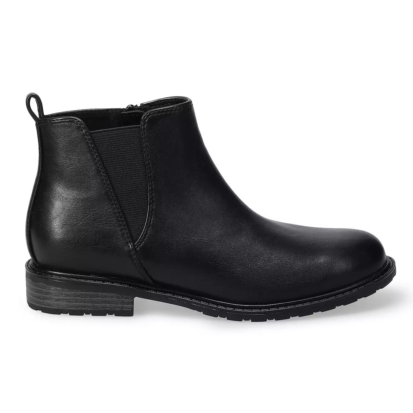 Black leather Chelsea boot with elastic side panels and a pull tab.