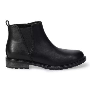 Black leather Chelsea boot with elastic side panels and a pull tab.