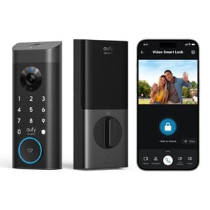 A Eufy Video Smart Lock with a touchscreen keypad, camera, and a smartphone displaying a lock control app alongside a couple's photo.