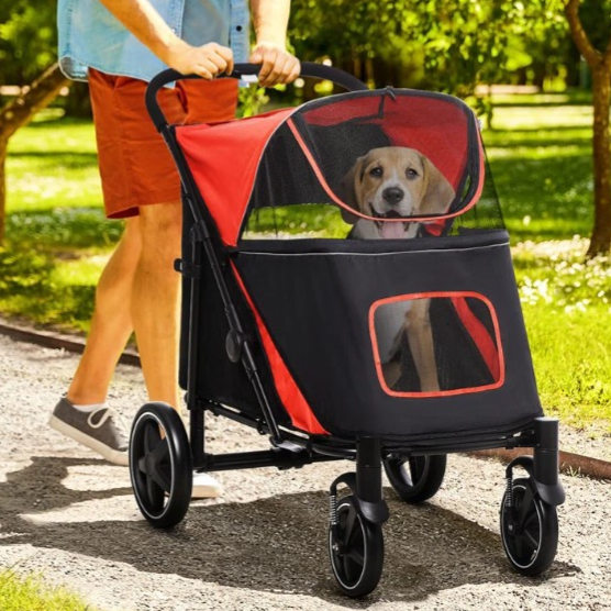 A red and black pet stroller with a mesh canopy and four wheels, designed for comfortable pet transport.