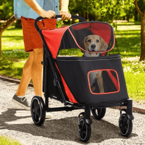 A red and black pet stroller with a mesh canopy and four wheels, designed for comfortable pet transport.