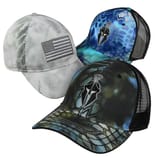Three caps featuring camouflage patterns: two with a Spartan helmet logo in blue and green tones, and one in grey with a blacked-out American flag patch.