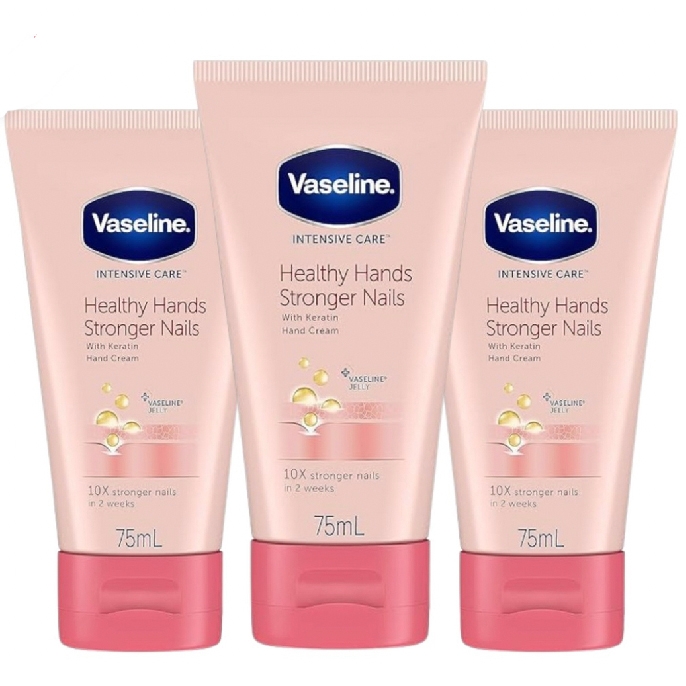 Three Vaseline Intensive Care Healthy Hands Stronger Nails hand cream tubes, 75mL each, containing keratin and Vaseline jelly for 10x stronger nails in two weeks.