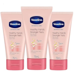 Three Vaseline Intensive Care Healthy Hands Stronger Nails hand cream tubes, 75mL each, containing keratin and Vaseline jelly for 10x stronger nails in two weeks.