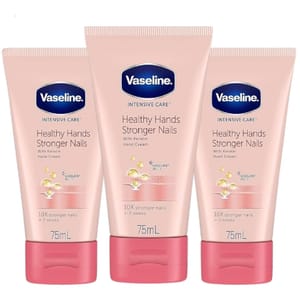 Three Vaseline Intensive Care Healthy Hands Stronger Nails hand cream tubes, 75mL each, containing keratin and Vaseline jelly for 10x stronger nails in two weeks.