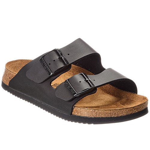 Black sandal with two adjustable straps and a cork footbed, resembling a Birkenstock design.
