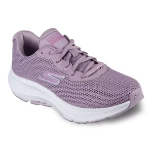 A lavender sports shoe with mesh detailing, featuring a prominent \“S\“ logo on the side and a white, textured sole.