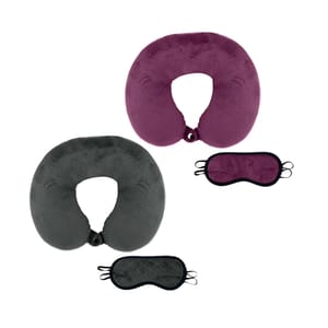 The set includes two U-shaped travel neck pillows, one in grey and the other in purple, each with a matching sleep mask.