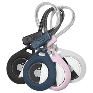 Four Case-Mate AirTag keychain holders in black, blue, pink, and white, each with a loop for attaching to belongings.