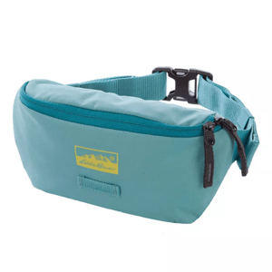 A teal Eddie Bauer waist pack with a front zipper, an adjustable strap, and a plastic buckle. It features the Eddie Bauer logo in yellow on the front.