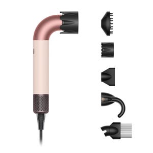 A hair dryer with multiple attachments, including a diffuser, concentrator nozzle, styling comb, and pick comb, designed for versatile hair styling.