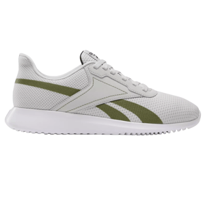 A white athletic sneaker with a green stripe design, featuring a mesh upper and a thick white sole.