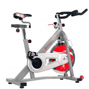 Sunny indoor exercise bike, featuring adjustable handlebars, seat, and resistance, with a sturdy frame and a red flywheel.