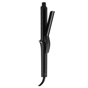 A black curling iron with a clamp, featuring multiple heat settings and a swivel cord.