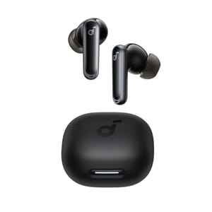 Wireless earbuds and a charging case with a sleek black design and logo on the case's lid.