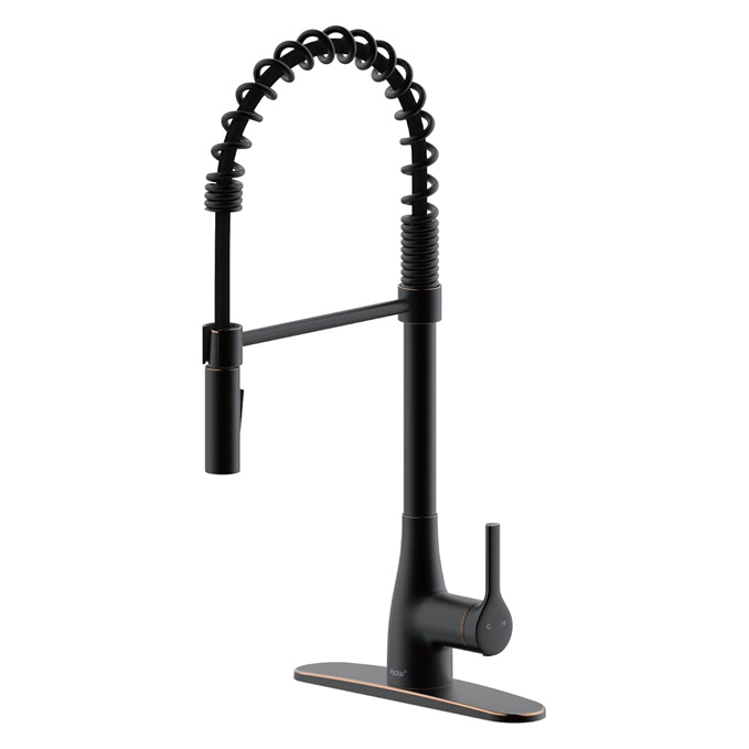 Matte black kitchen faucet with a spring neck design, single lever handle, and integrated sprayer.