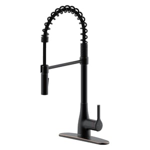 Matte black kitchen faucet with a spring neck design, single lever handle, and integrated sprayer.