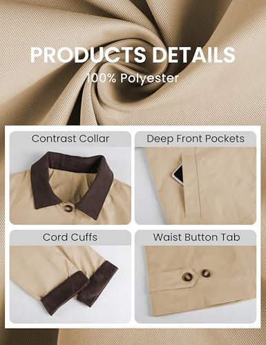 Polyester garment featuring a contrast collar, deep front pockets, cord cuffs, and waist button tab, shown in various close-up views.