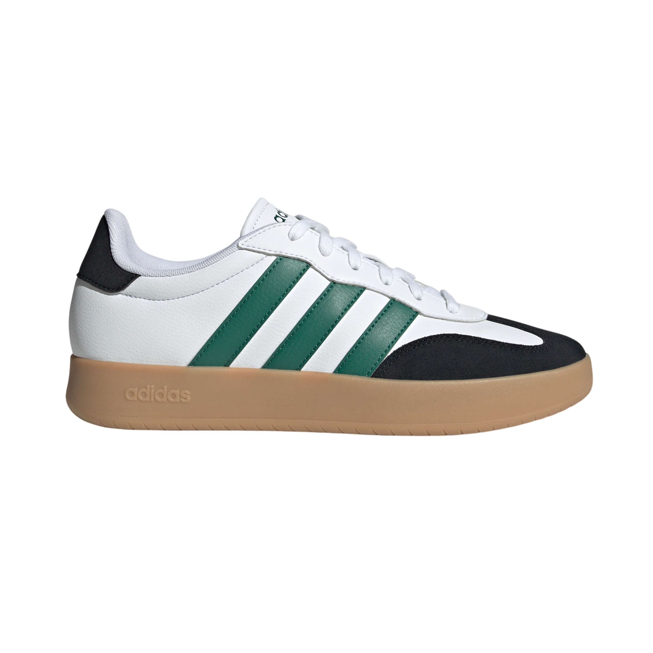 Adidas sneaker with white leather, green stripes, black accents, and a gum sole.
