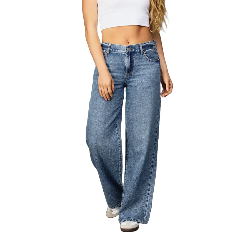 RSQ Women's Mid Rise Wide Leg Jeans feature a relaxed fit with a mid-rise waist and wide leg. Made of classic blue denim, they are paired with a white crop top and white sneakers.