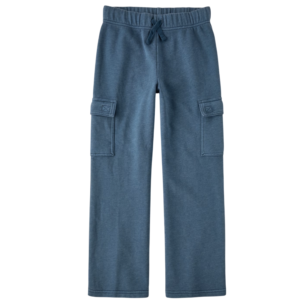 Blue cargo sweatpants with an elastic waistband and drawstring, featuring side pockets with flap closures.