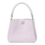 Lavender handbag with floral embossed design, featuring a metal clasp and a structured top handle.