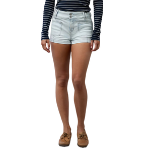 Light blue denim shorts featuring a high-waisted design with front and back patch pockets, a double button closure, and a worn-in look, paired with a striped long-sleeve top and tan moccasins.