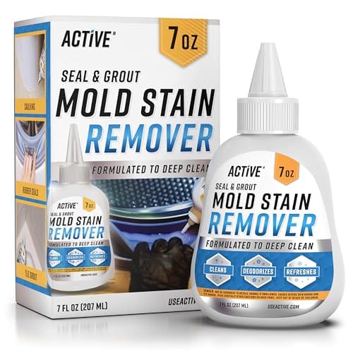 A bottle and box of Active Seal & Grout Mold Stain Remover, 7 oz, formulated to deep clean, with text stating it cleans, deodorizes and refreshes surfaces.