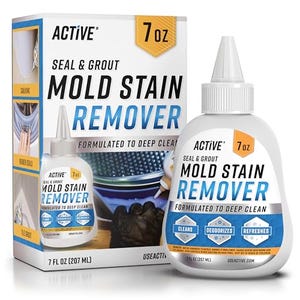 A bottle and box of Active Seal & Grout Mold Stain Remover, 7 oz, formulated to deep clean, with text stating it cleans, deodorizes and refreshes surfaces.
