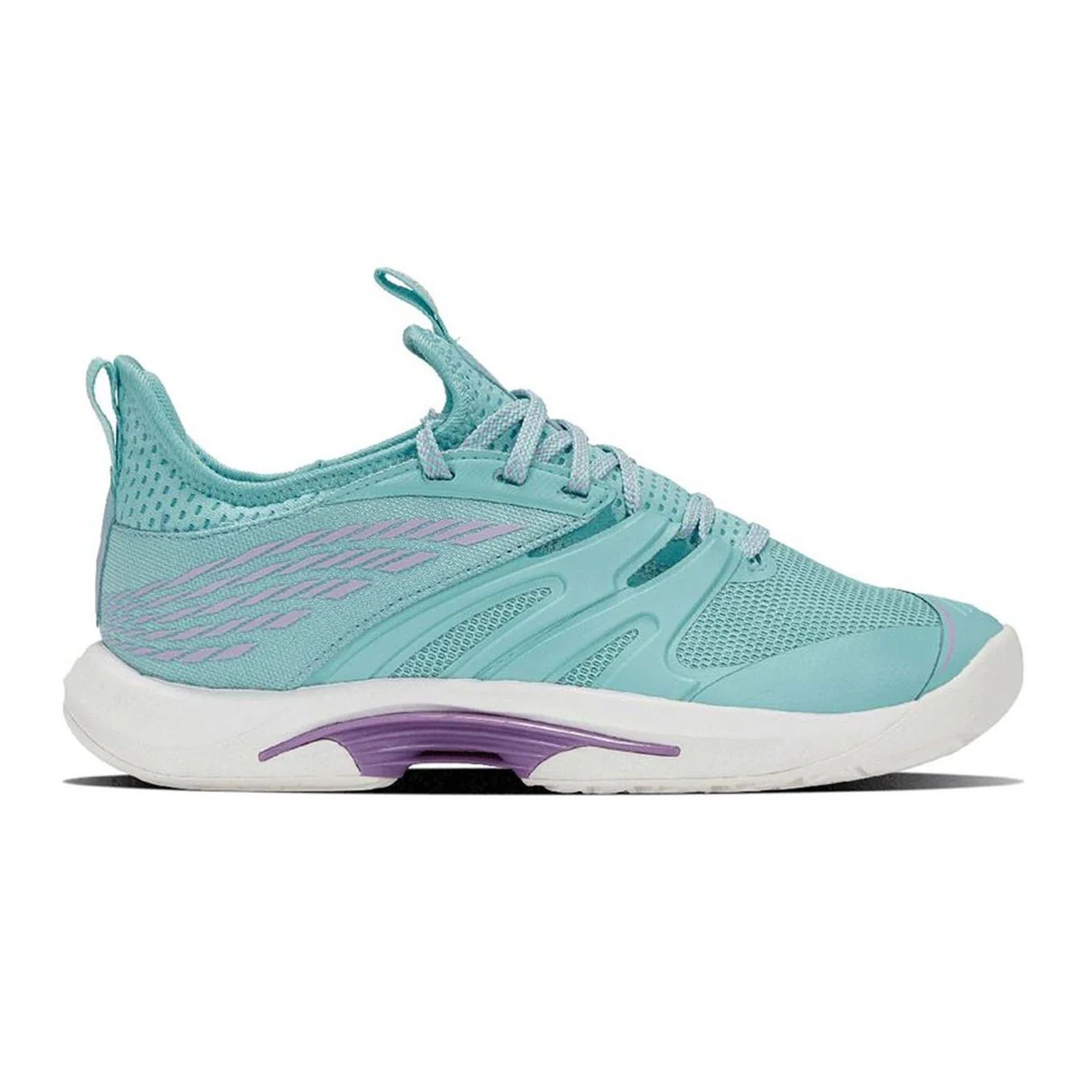 A turquoise athletic sneaker with a mesh upper, purple accents, and white sole, designed for comfort and performance.