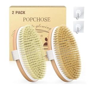 Two body brushes with natural bristles and straps, labeled as a \“2 Pack\“ by POPCHOSE, are accompanied by two wall hooks for easy storage.