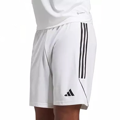 White athletic shorts with three black stripes and a small black logo on the left leg.