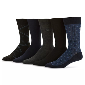 A set of five pairs of men's socks in various designs and colors, including patterns and solid colors, arranged in a row.