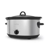 A stainless steel 6-quart manual slow cooker with a black lid and handles, featuring a single control dial for adjusting settings to low, high, or warm.