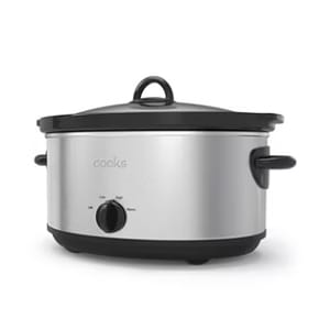 A stainless steel 6-quart manual slow cooker with a black lid and handles, featuring a single control dial for adjusting settings to low, high, or warm.