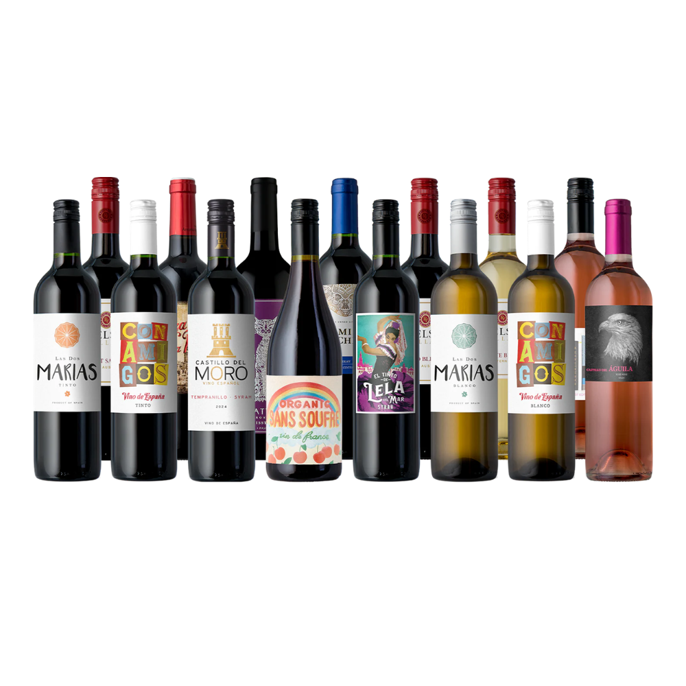 Assorted wine bottles featuring various labels and styles, including red, white, and rosé options from brands like Castillo del Moro and Con Amigos.