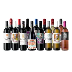 Assorted wine bottles featuring various labels and styles, including red, white, and rosé options from brands like Castillo del Moro and Con Amigos.