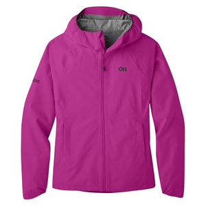 The Outdoor Research AscentShell Jacket is a magenta waterproof, breathable jacket with a hood and front zipper. It features two side pockets and the OR logo on the chest.