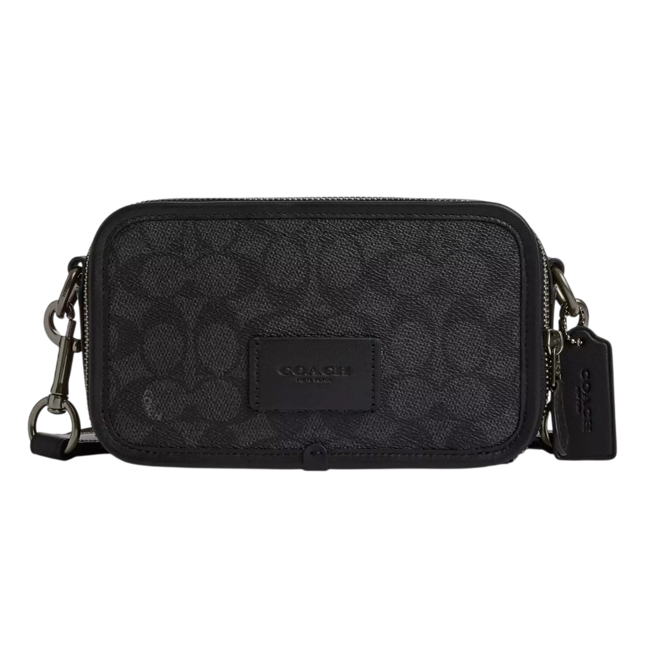 A compact black Coach crossbody bag featuring a signature logo pattern and detachable strap.