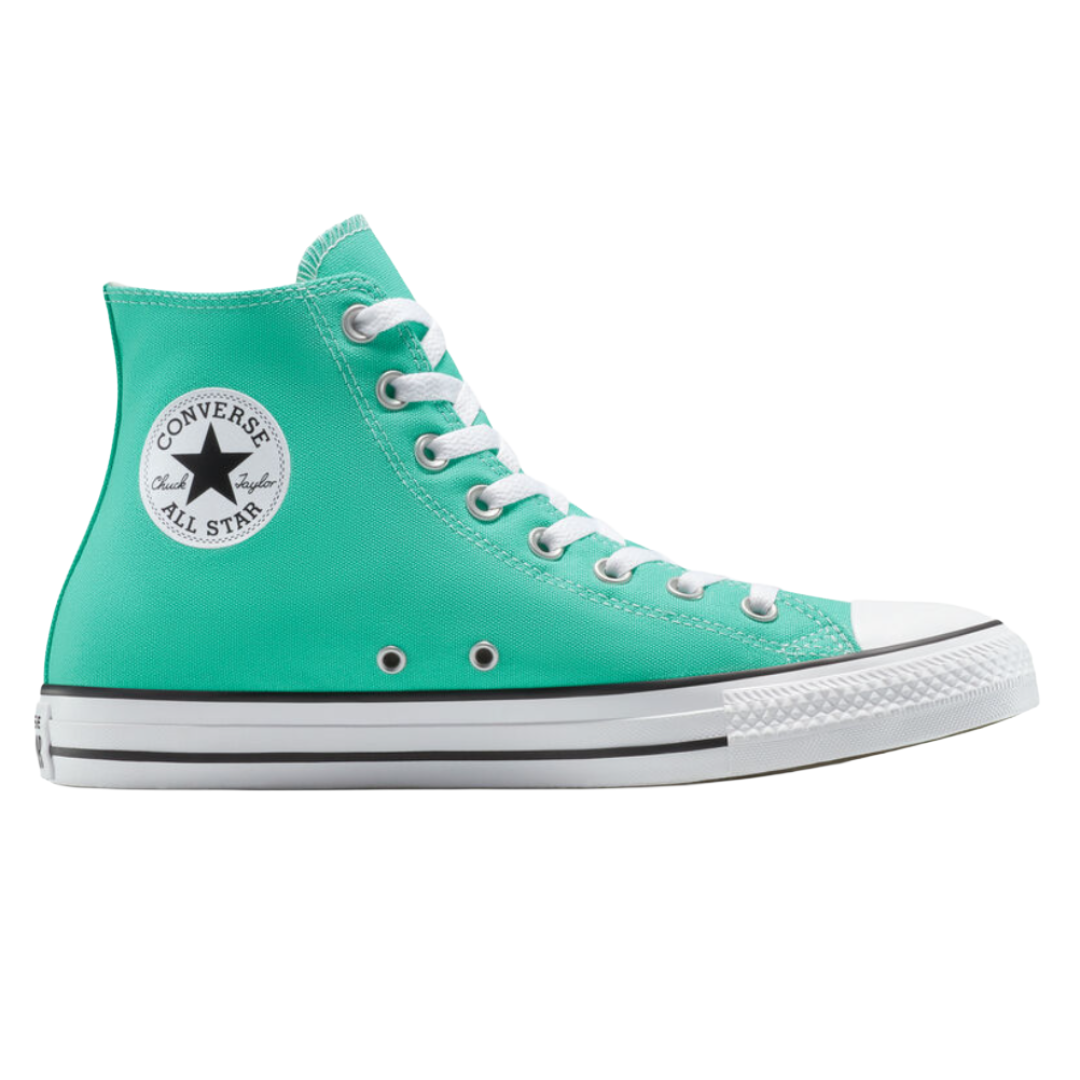 Turquoise high-top Converse Chuck Taylor All Star sneaker with white laces, a white rubber toe cap, and the signature circular logo patch on the side.