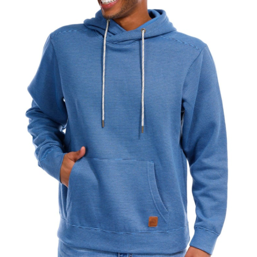 Blue yarn-dyed fleece hoodie with subtle stripes, featuring a kangaroo pocket, drawstring hood, and a small leather-like patch detail.
