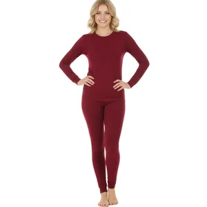A person is wearing a matching set of maroon long-sleeve top and leggings, suitable for casual wear or lounging.